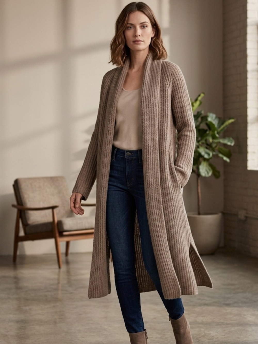 360 Cashmere Oatmeal Tan Knit Duster Cardigan Size X-Small